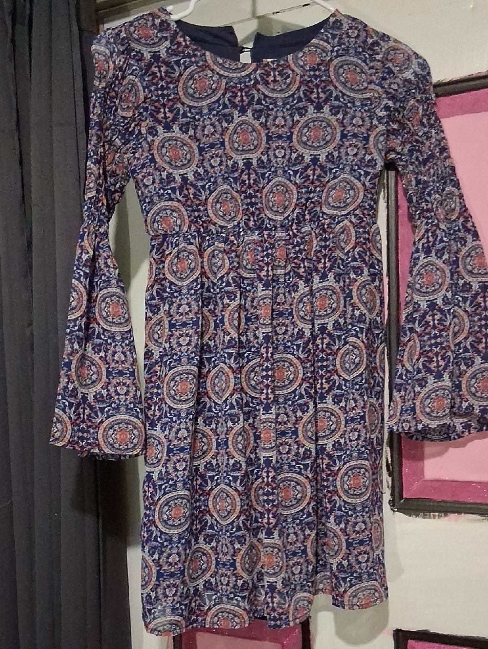 Speechless Navy and Coral Paisley Long Sleeve Mini Dress